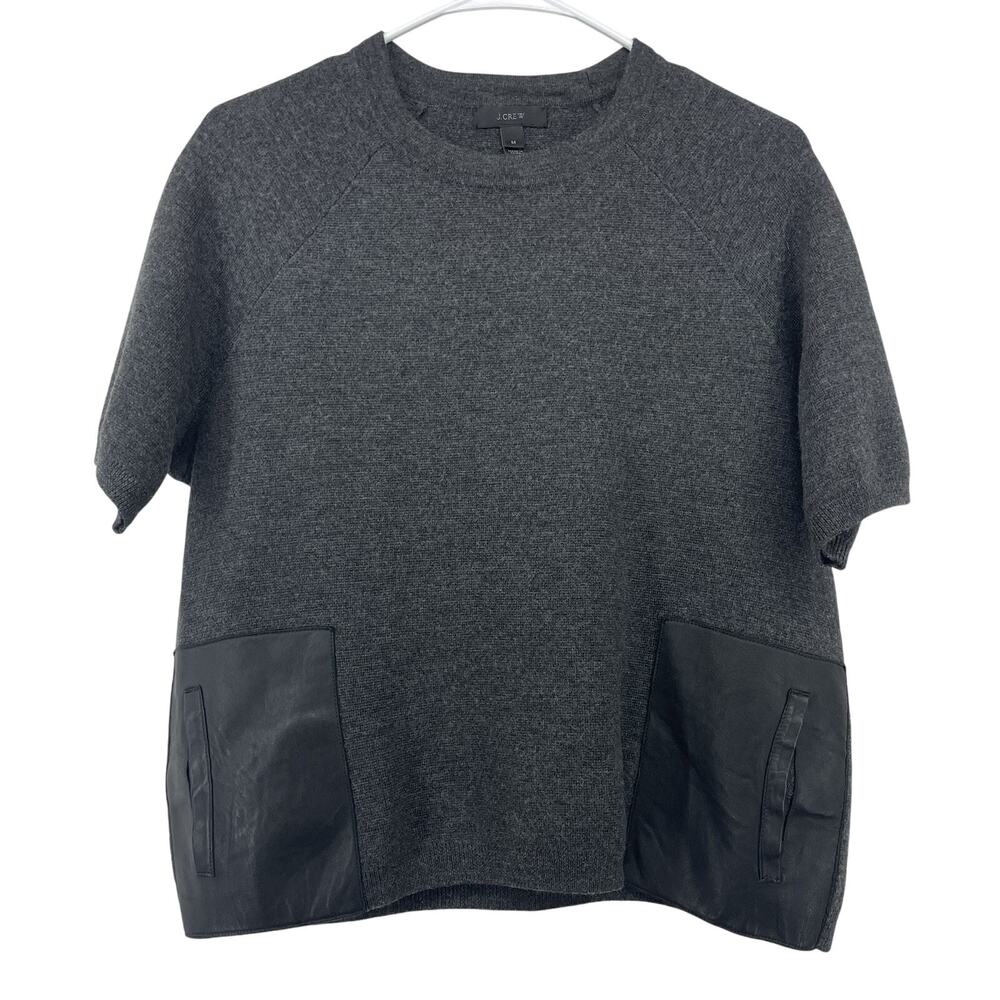 J Crew Size‎ Medium Merino Wool Boxy Fit Sweater Leather Pockets Short Sleeve
